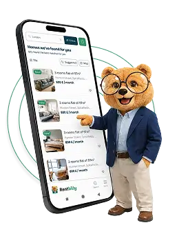 Billy with phone showing rental listings
